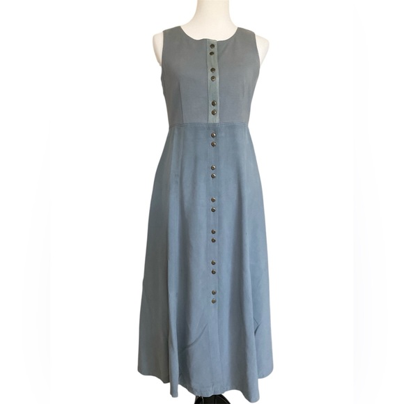 August Silk Button-Down Maxi | Midi Dress Silk Cotton Blue Gray 8 - Picture 1 of 11